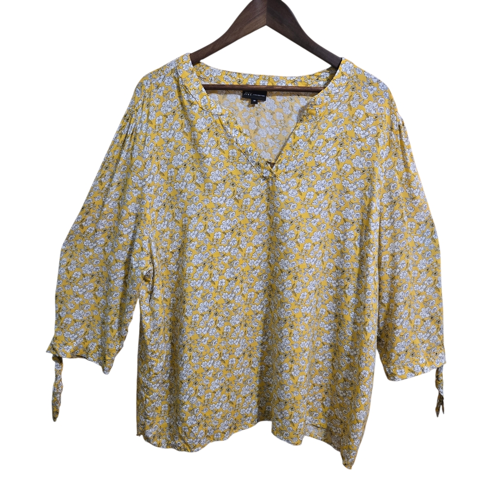 Jones New York JNY‎ Womens 1X Yellow Floral Rayon Split Neck Tie Sleeve Blouse